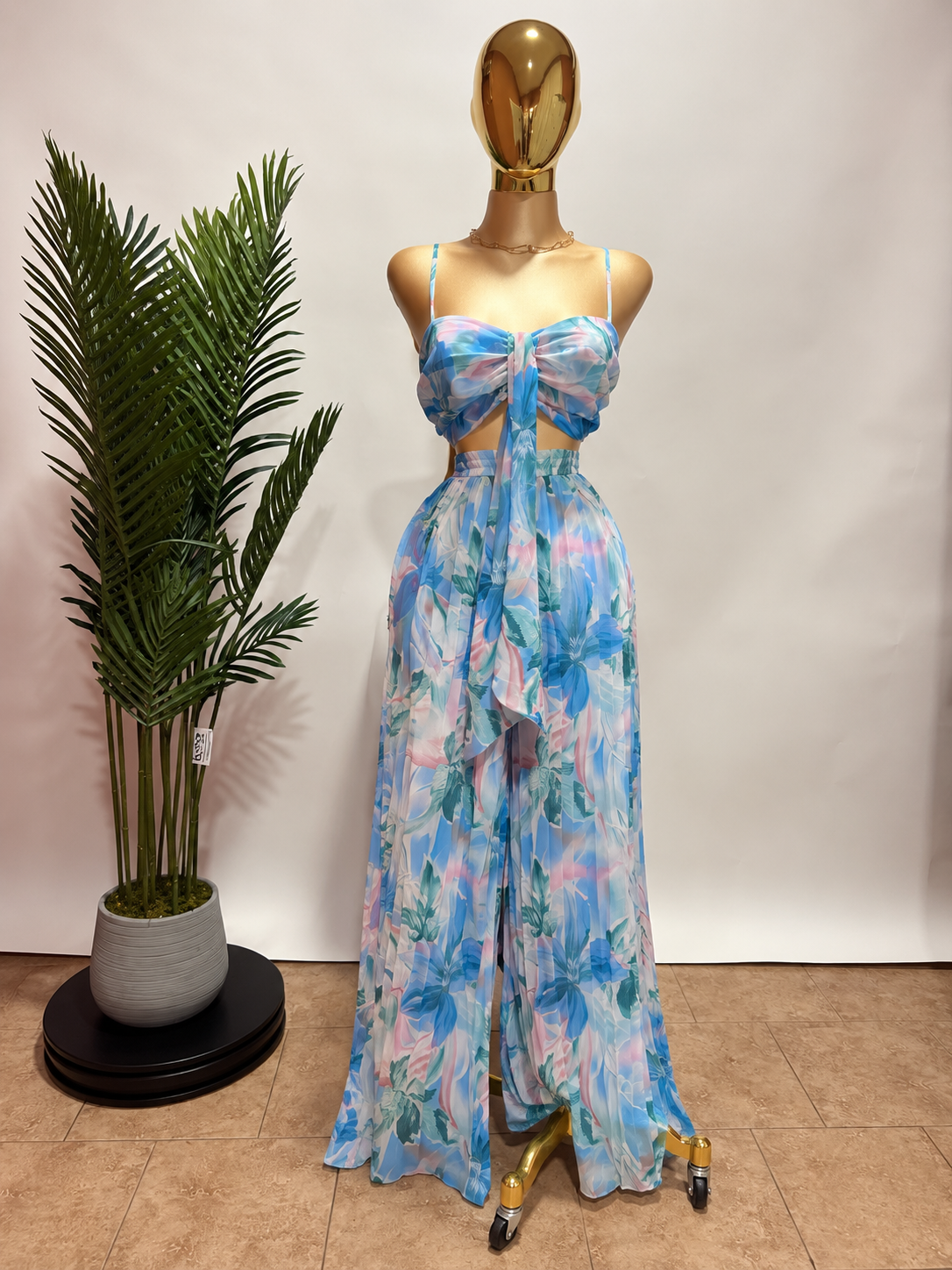 Blue Floral Wide-Leg Pants Set