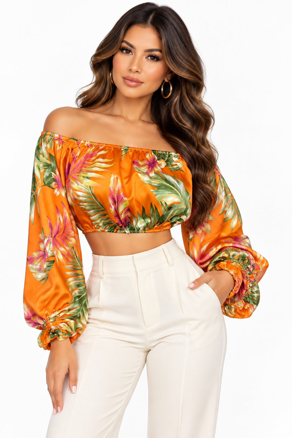 Tropical Sunset Off-Shoulder Crop Top