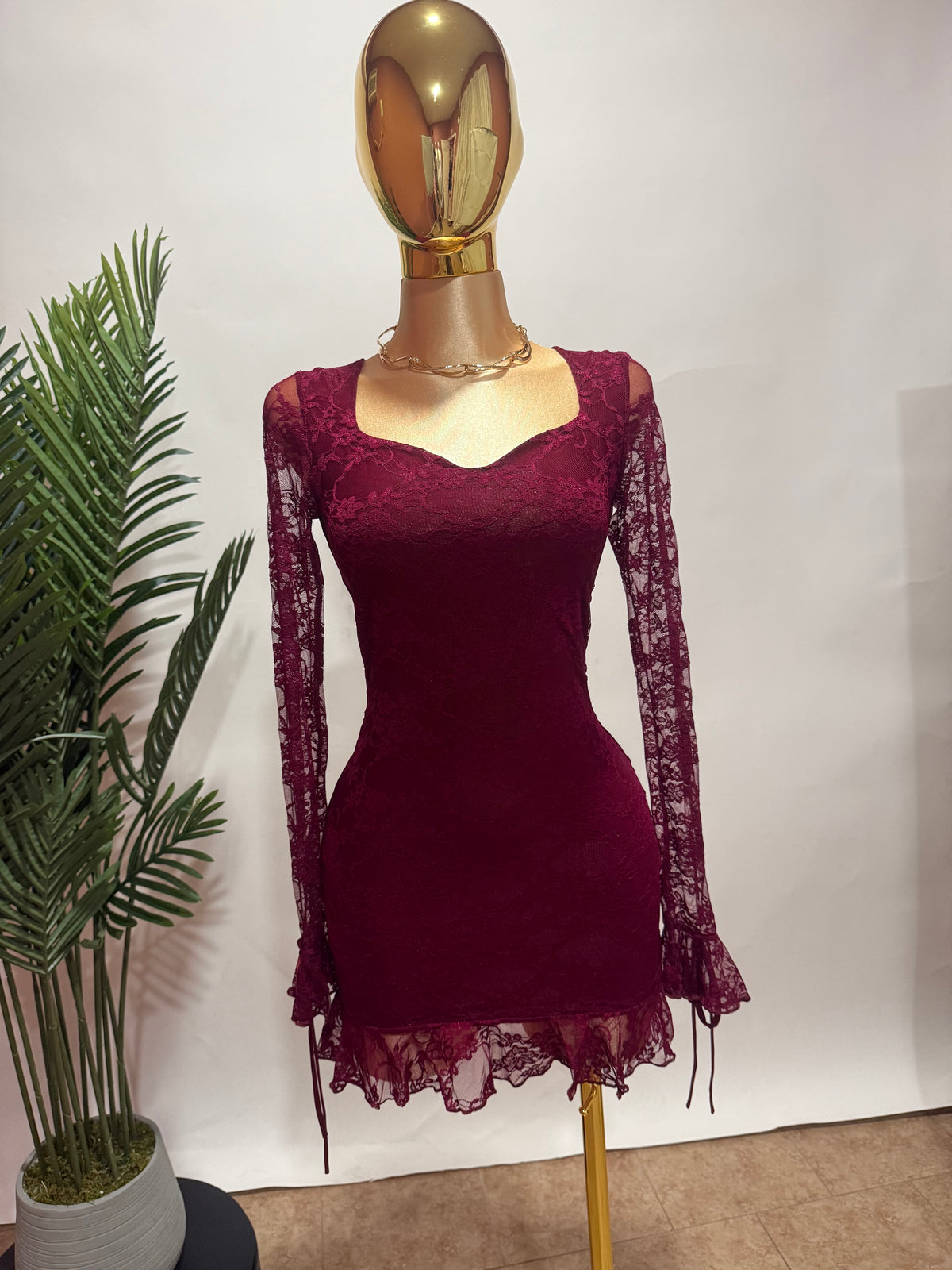 Burgundy Lace Mini Dress