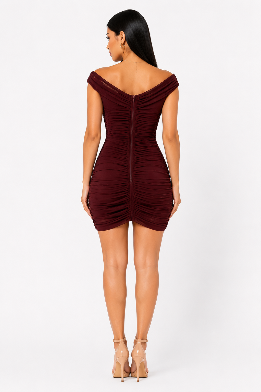 Mocha Ruched Off-Shoulder Mini Dress