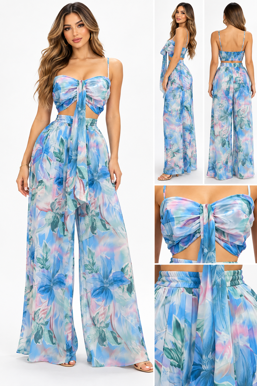 Blue Floral Wide-Leg Pants Set
