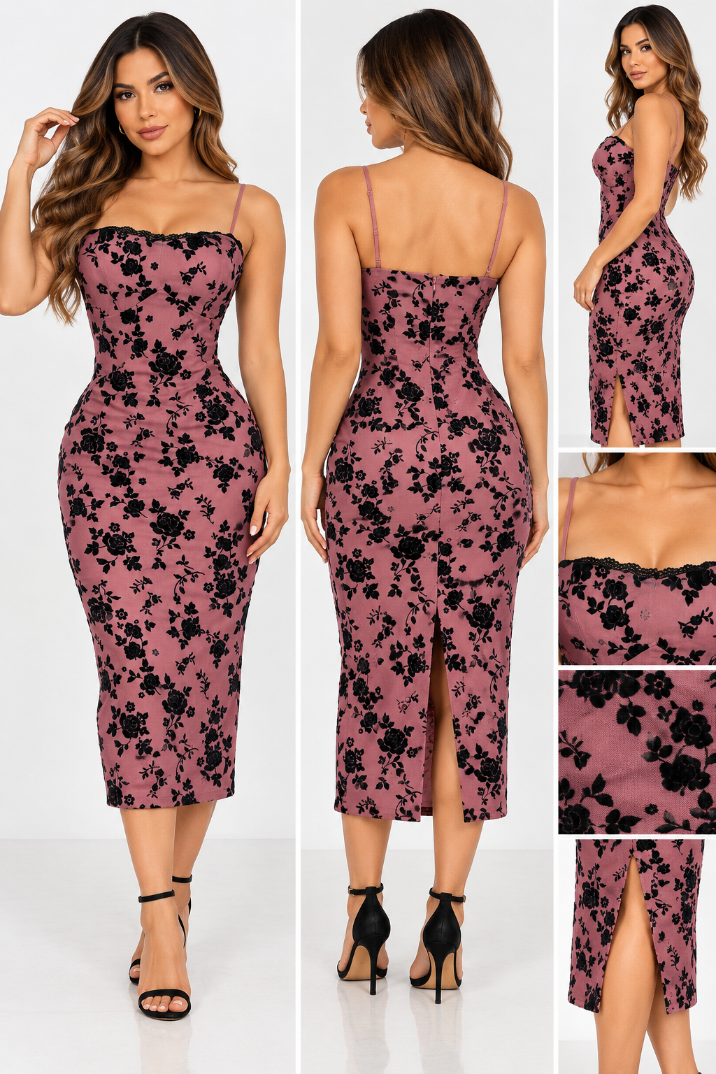 Rosé Floral Velvet Midi Dress